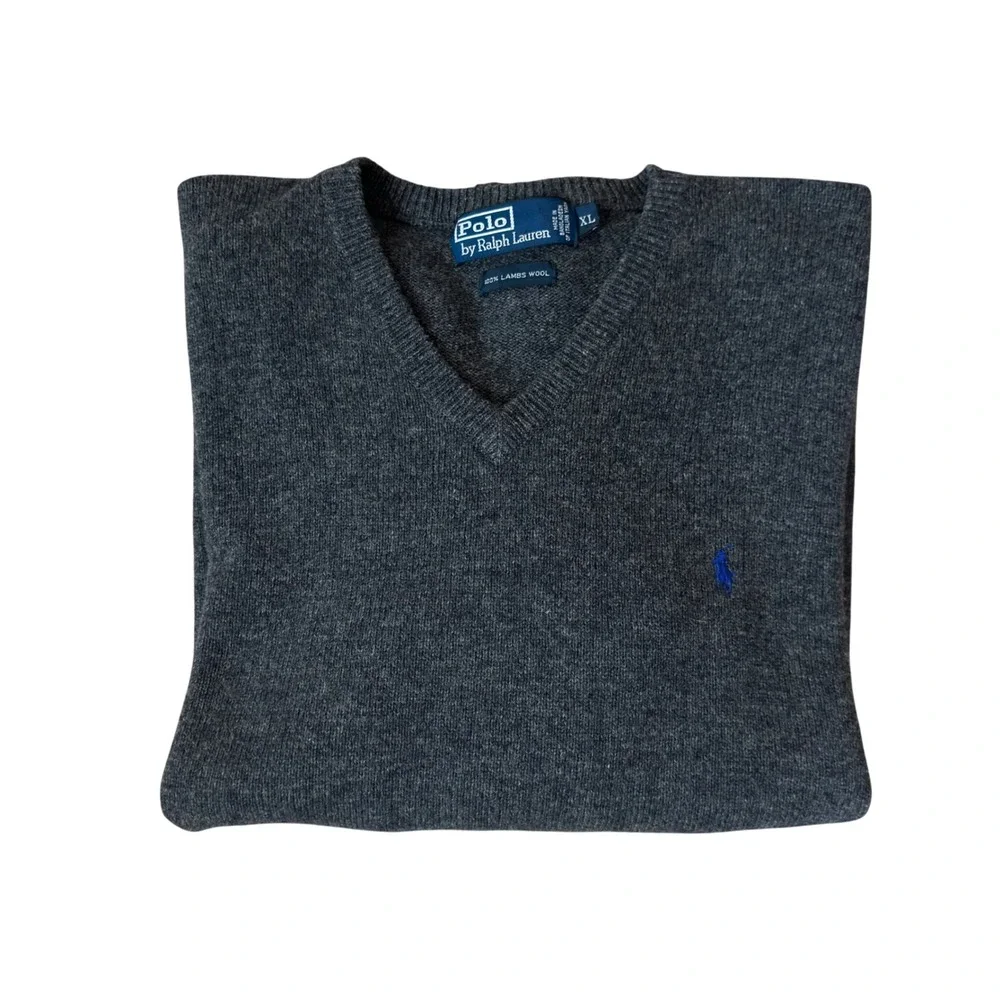 Polo Ralph Lauren‎ Mens V Neck Sweater Dark Gray 100% Lambs Wool Size XL